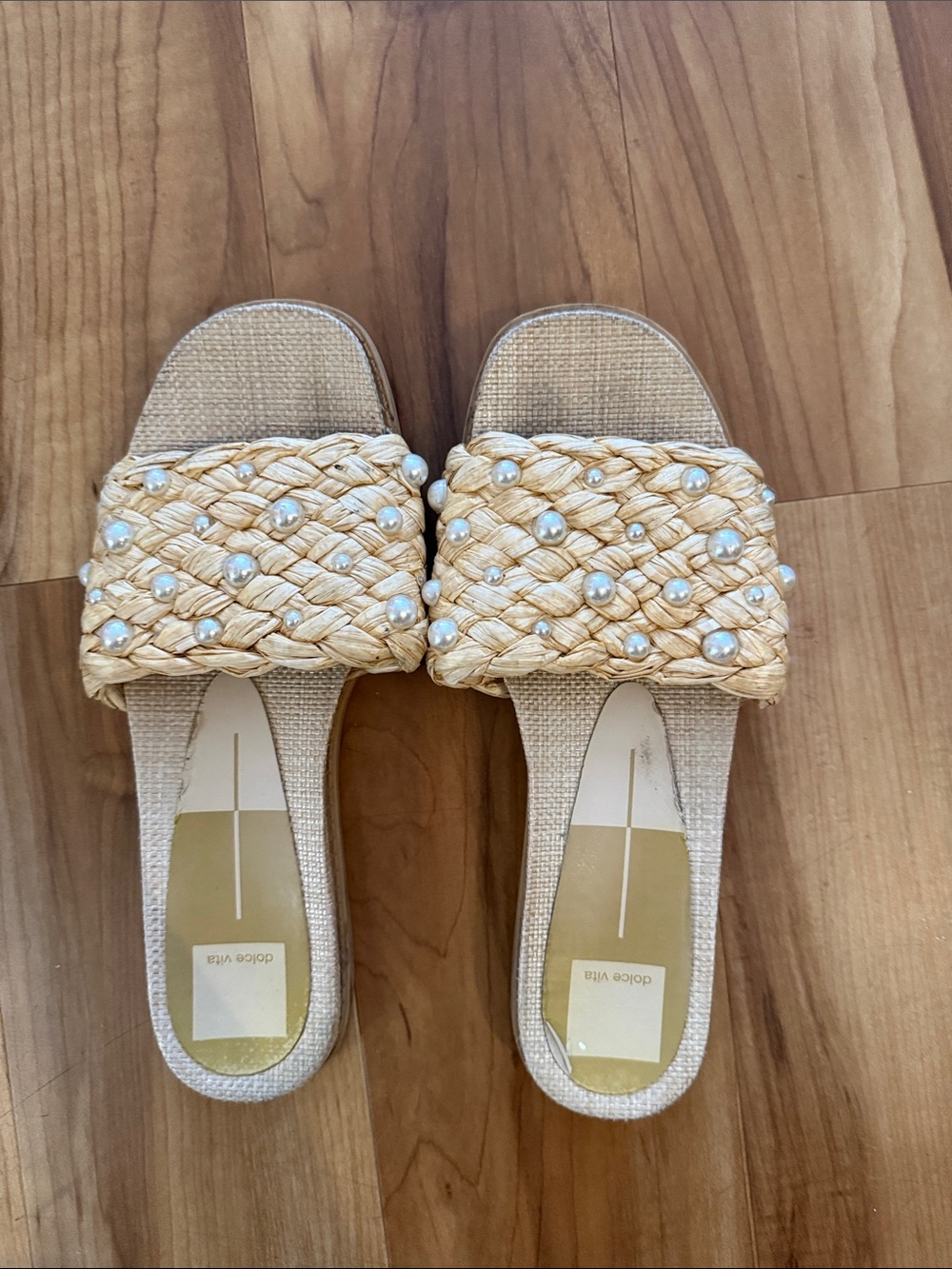 Dolce Vita Natural Woven Pearl-Embellished Slide Mules